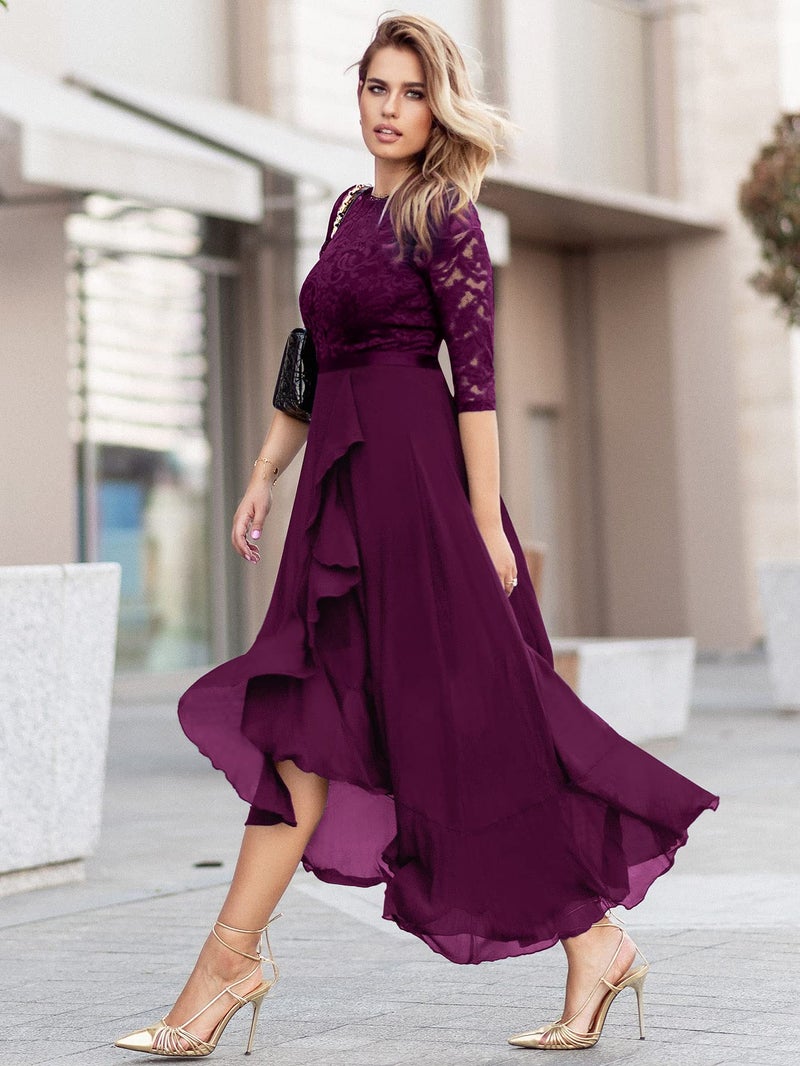 Miusol Women's Elegant Floral Lace Ruffle Bridesmaid Maxi Dress (X-Large, Magenta) - Image 4